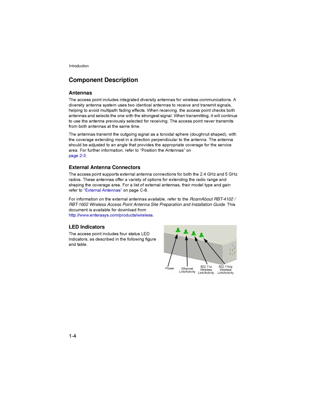 Enterasys Networks RBT-4102 manual Component Description, Antennas, External Antenna Connectors, LED Indicators 