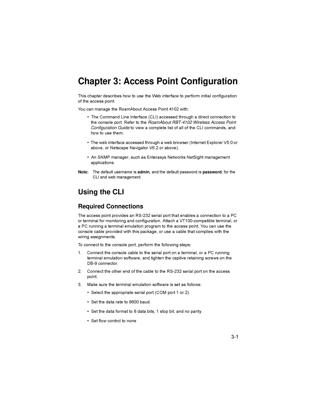 Enterasys Networks RBT-4102 manual Access Point Configuration, Using the CLI, Required Connections 