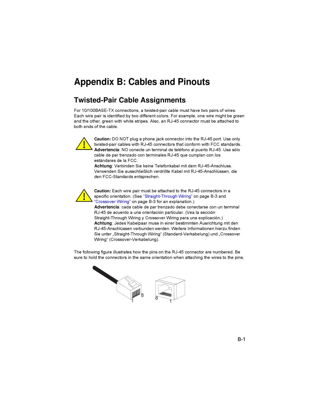 Enterasys Networks RBT-4102 manual Appendix B Cables and Pinouts, Twisted-Pair Cable Assignments 