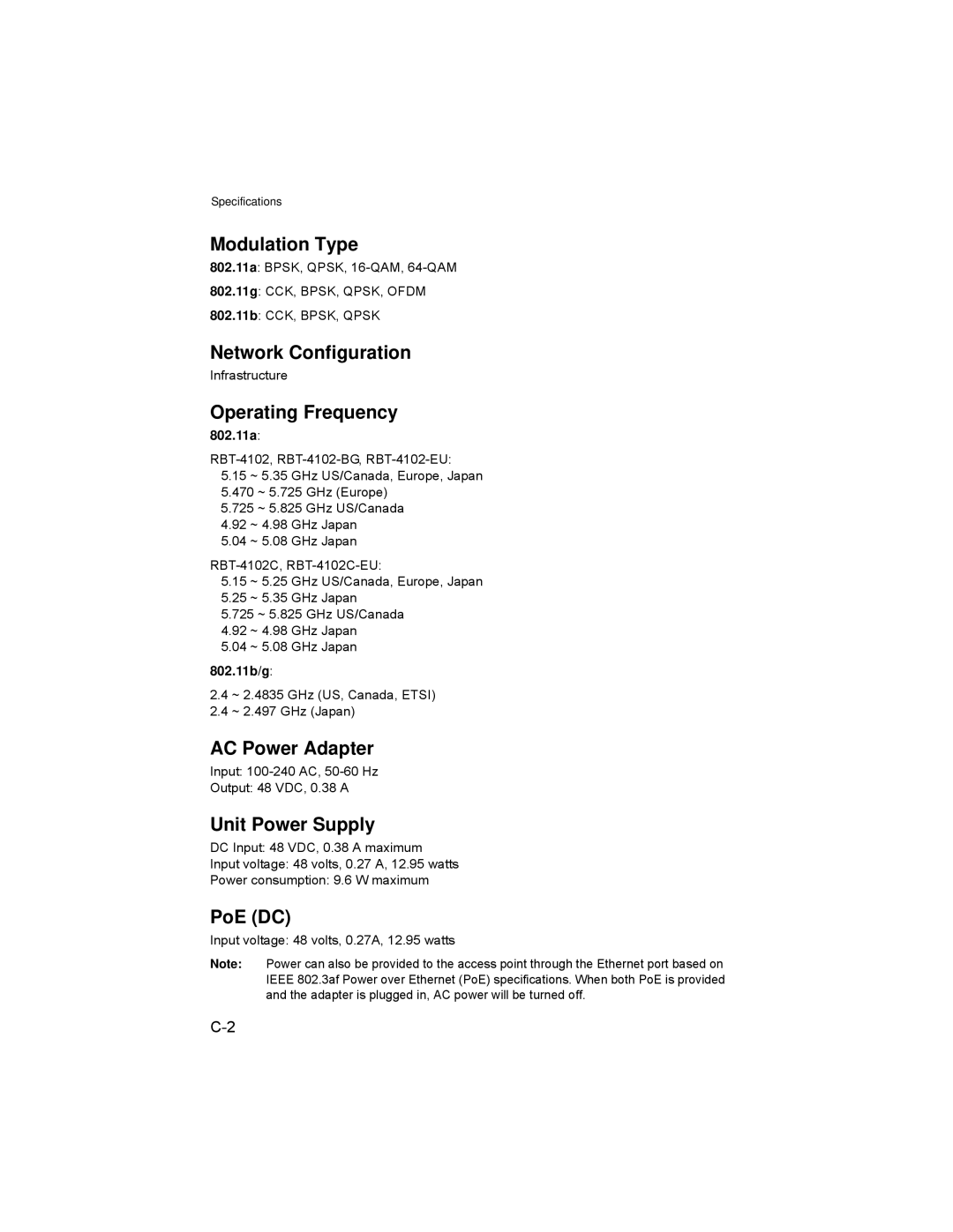 Enterasys Networks RBT-4102 manual Modulation Type, Network Configuration, Operating Frequency, AC Power Adapter, PoE DC 
