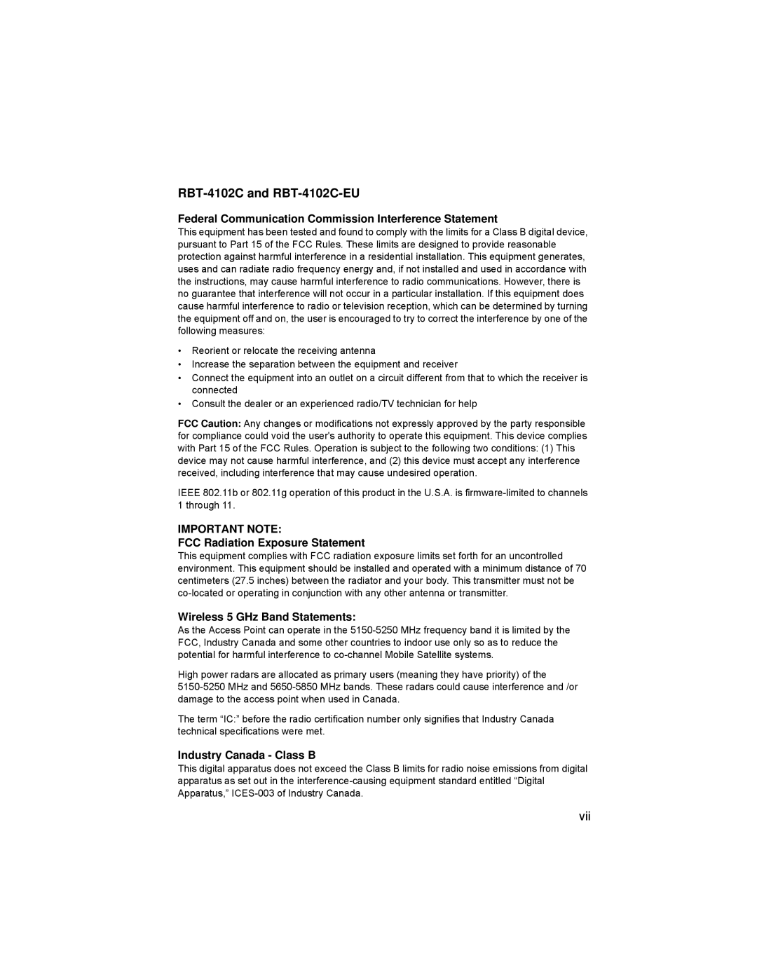 Enterasys Networks manual RBT-4102C and RBT-4102C-EU, Vii 