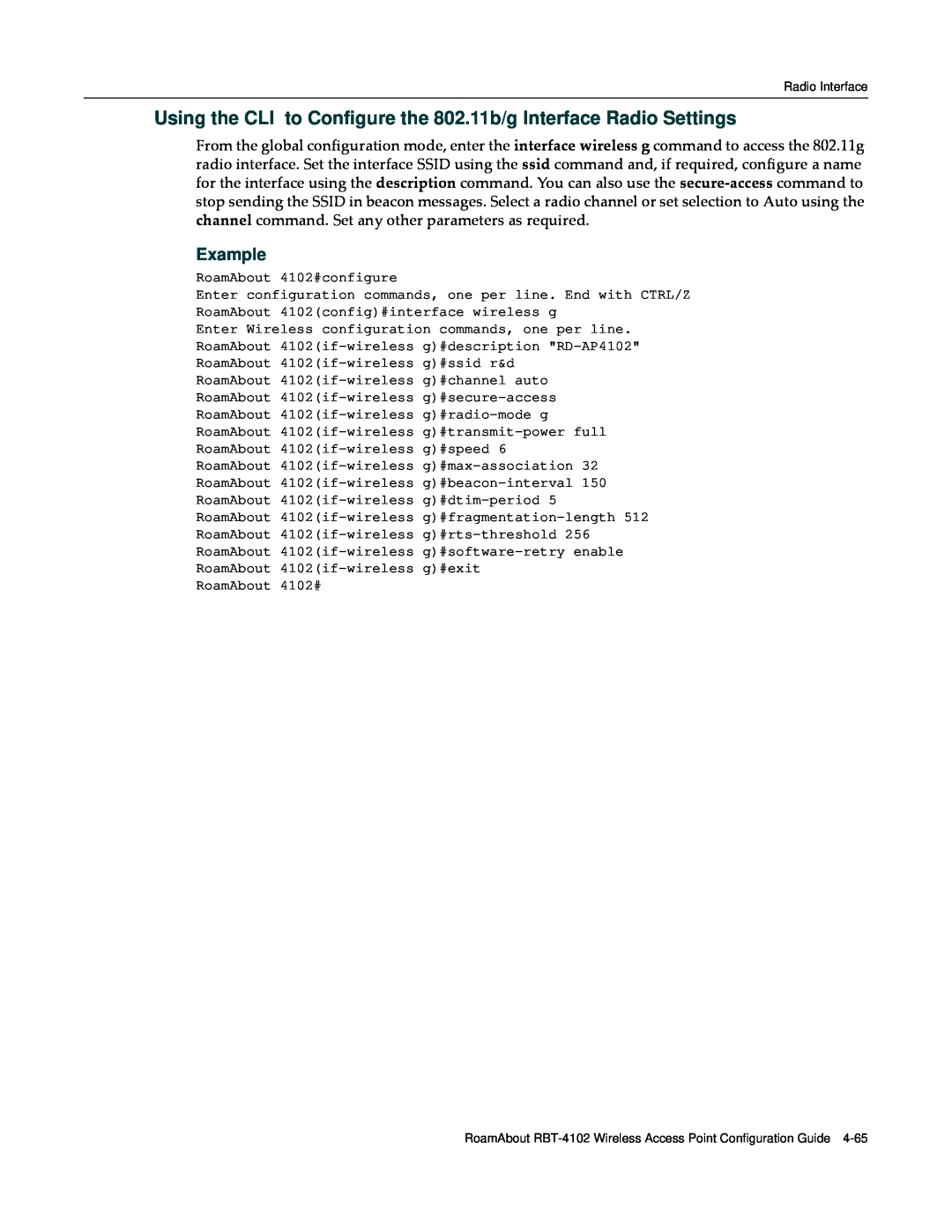 Enterasys Networks RBT-4102 manual Using the CLI to Configure the 802.11b/g Interface Radio Settings, Example 