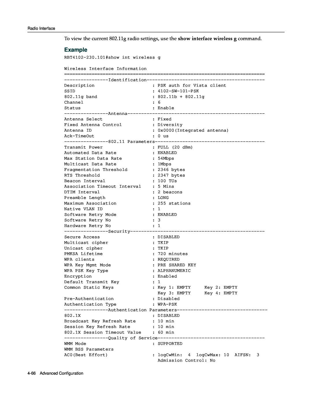 Enterasys Networks RBT-4102 manual Example, Authentication Parameters, Quality of Service 