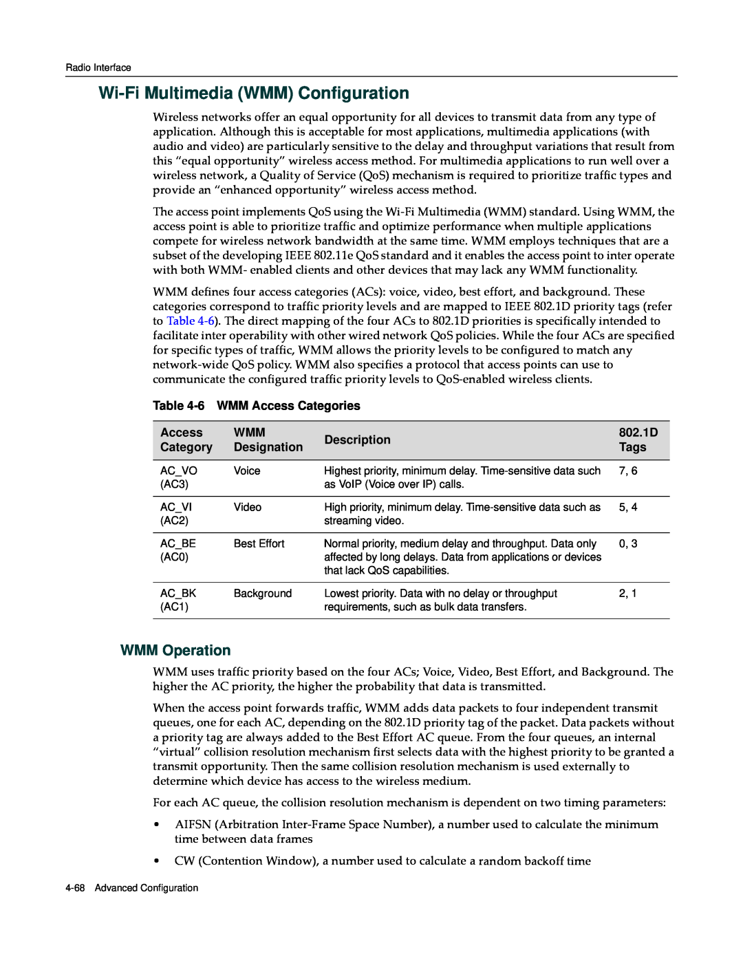 Enterasys Networks RBT-4102 Wi-Fi Multimedia WMM Configuration, WMM Operation, 6 WMM Access Categories, 802.1D, Category 