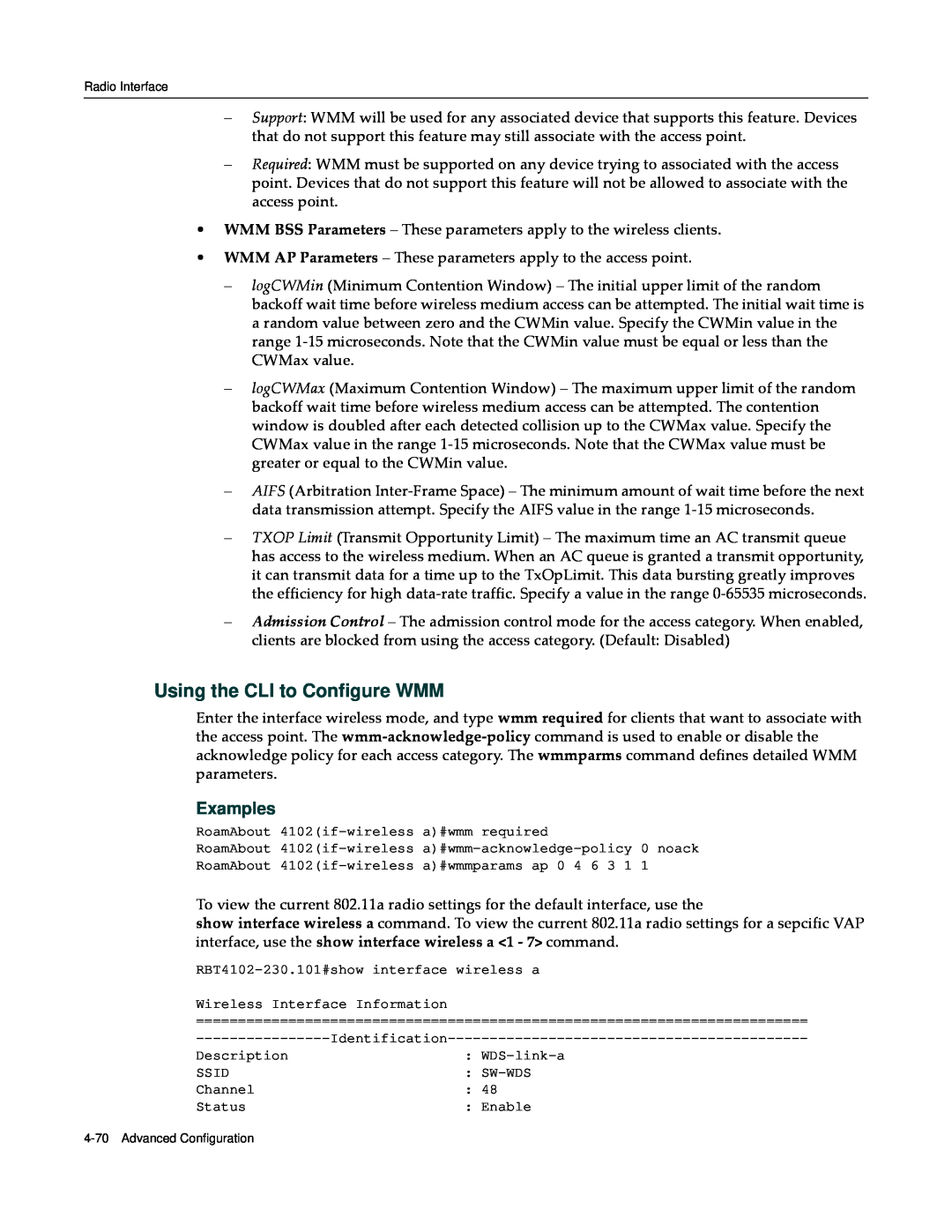 Enterasys Networks RBT-4102 manual Using the CLI to Configure WMM, Examples 