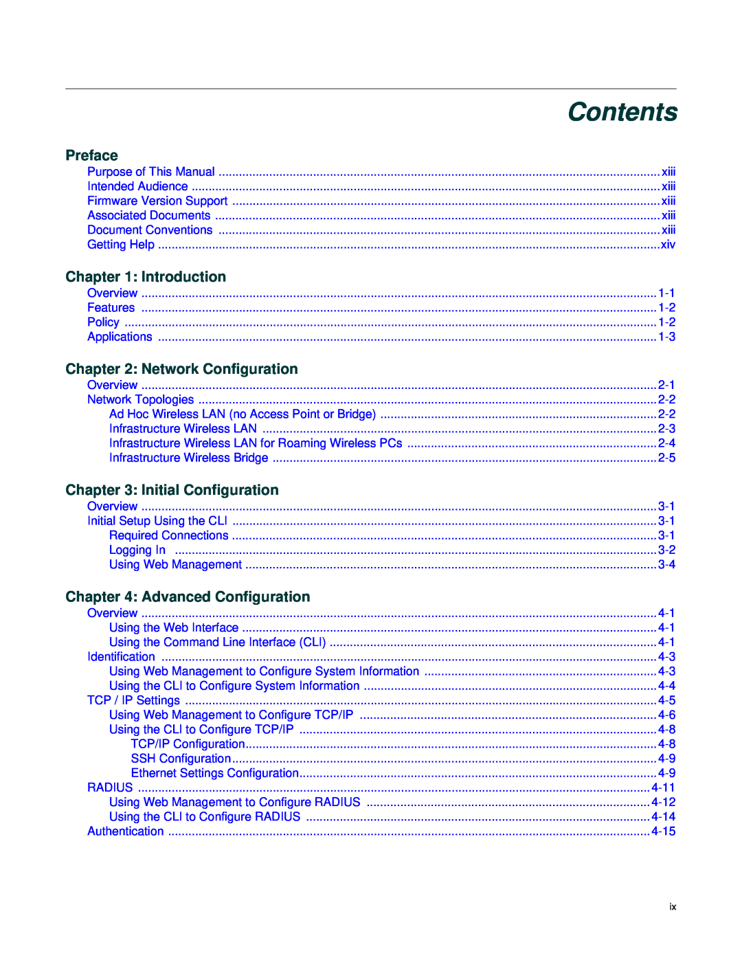 Enterasys Networks RBT-4102 manual Contents, Preface, Introduction, Network Configuration, Initial Configuration 