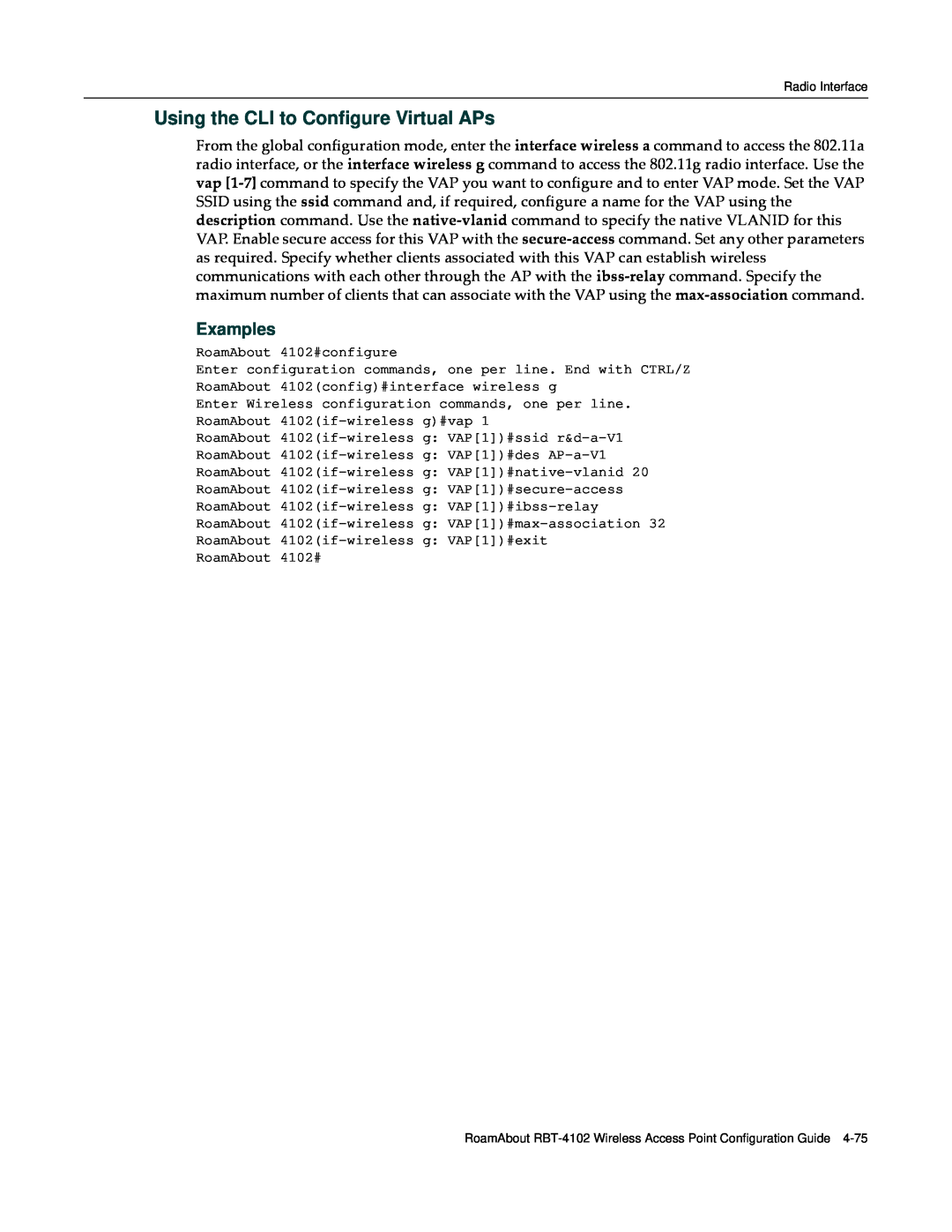Enterasys Networks RBT-4102 manual Using the CLI to Configure Virtual APs, Examples 