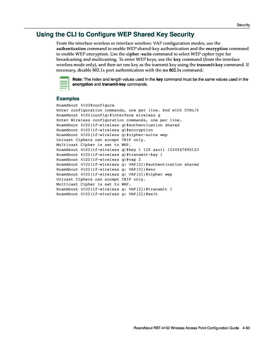 Enterasys Networks RBT-4102 manual Using the CLI to Configure WEP Shared Key Security, Examples 