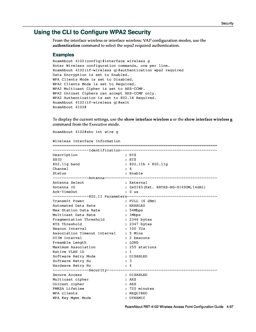 Enterasys Networks RBT-4102 manual Using the CLI to Configure WPA2 Security, Examples 