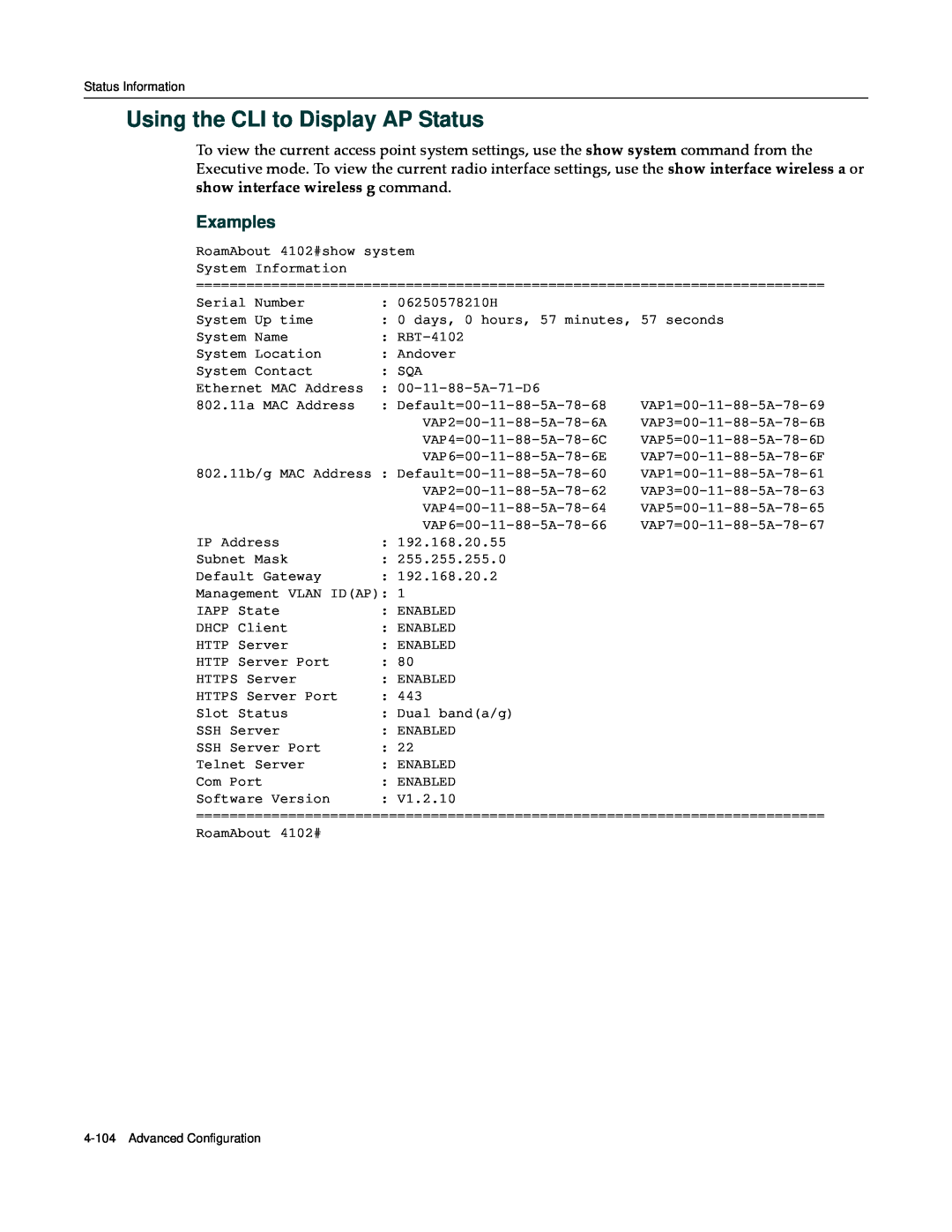 Enterasys Networks RBT-4102 manual Using the CLI to Display AP Status, Examples 