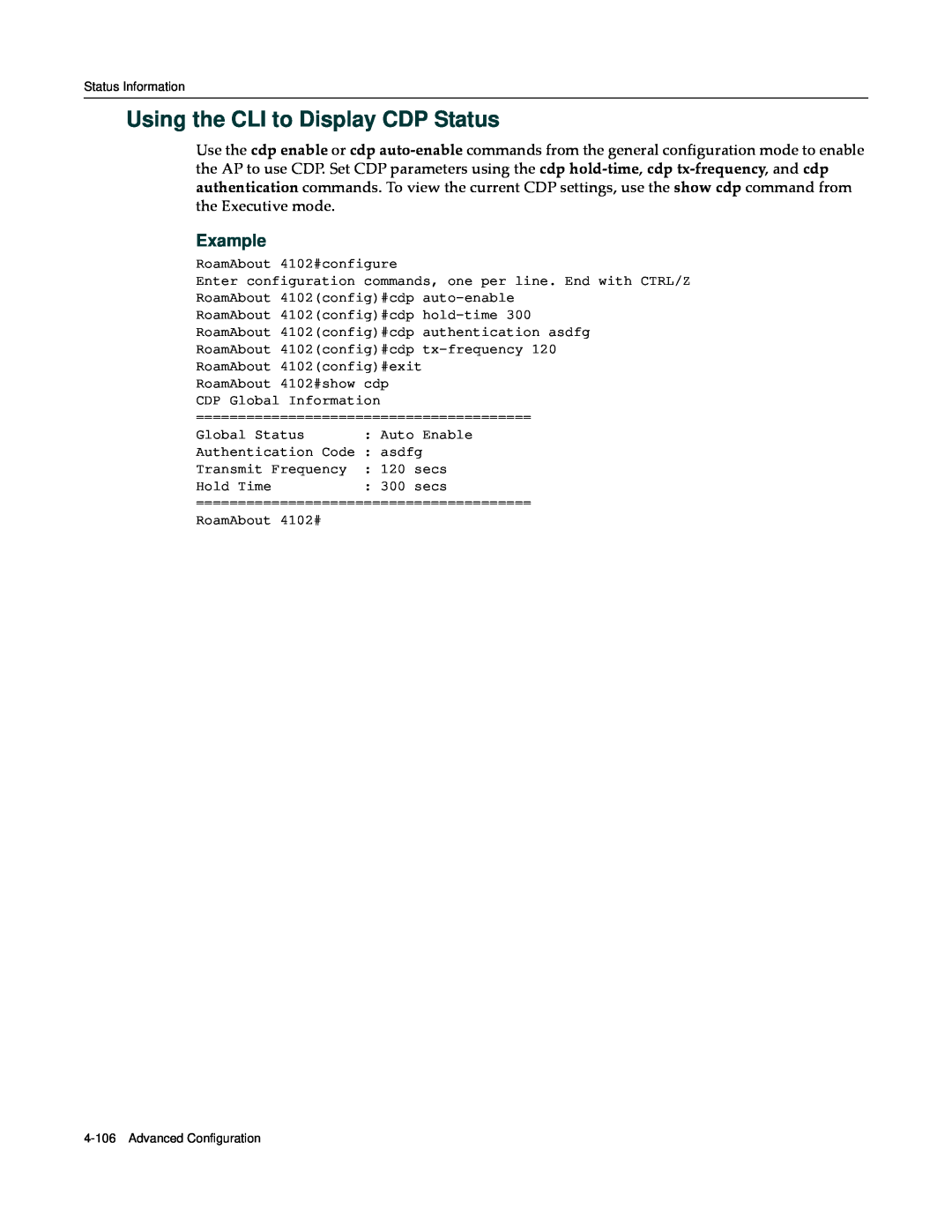Enterasys Networks RBT-4102 manual Using the CLI to Display CDP Status, Example 