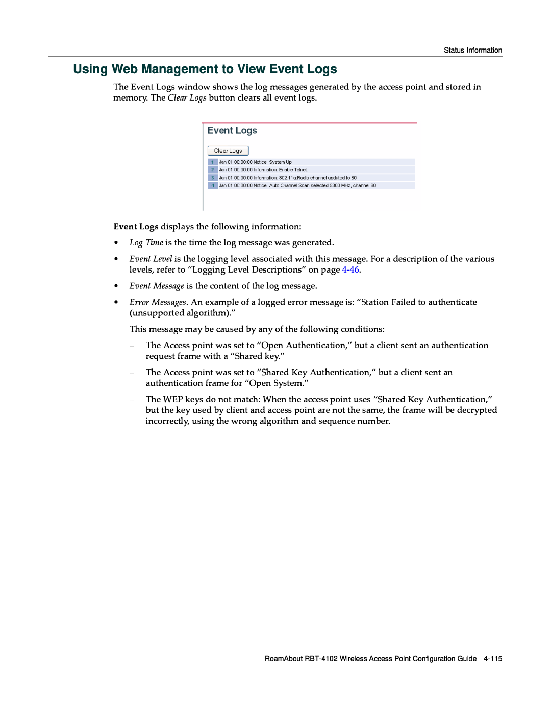 Enterasys Networks RBT-4102 manual Using Web Management to View Event Logs 