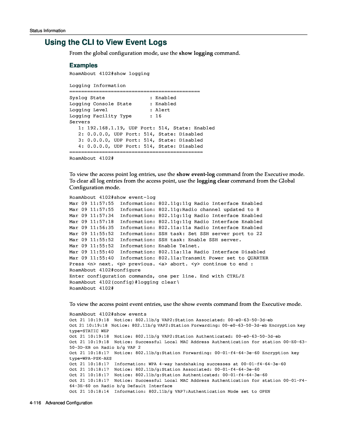 Enterasys Networks RBT-4102 manual Using the CLI to View Event Logs, Examples 