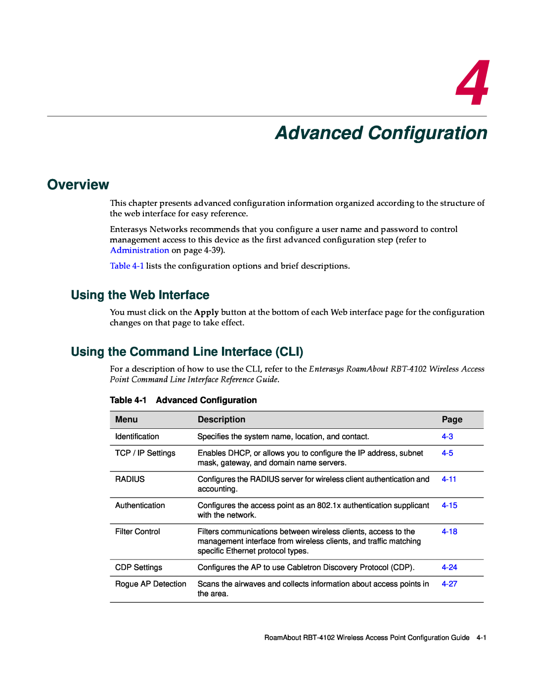 Enterasys Networks RBT-4102 Advanced Configuration, Using the Web Interface, Using the Command Line Interface CLI, Menu 