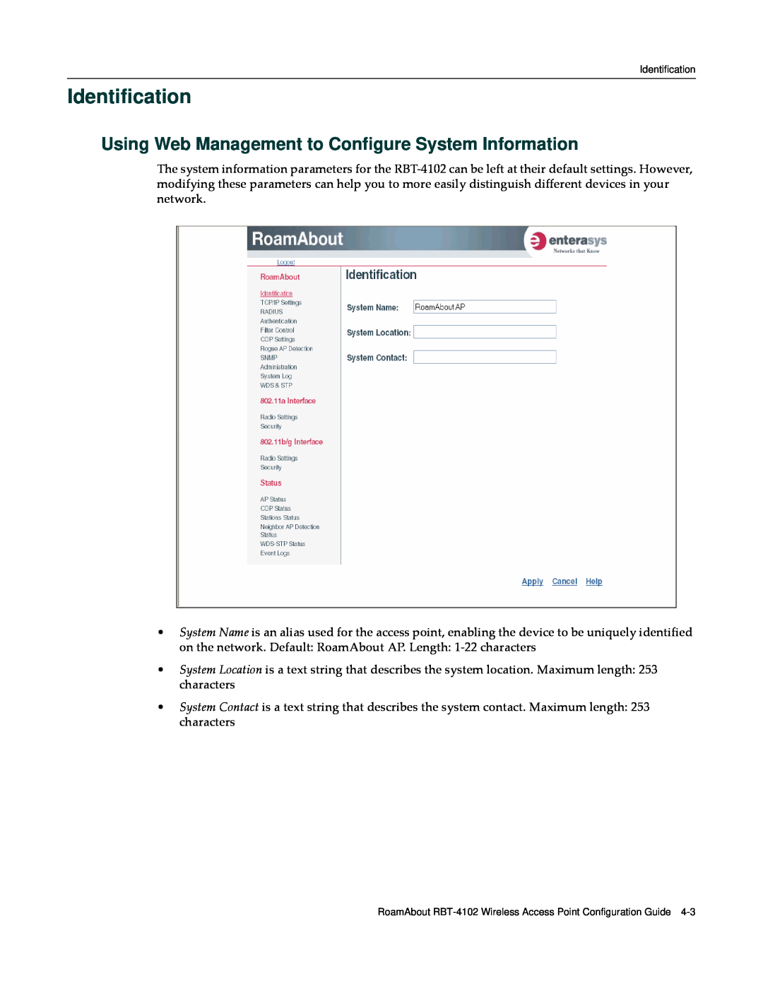 Enterasys Networks RBT-4102 manual Identification, Using Web Management to Configure System Information 