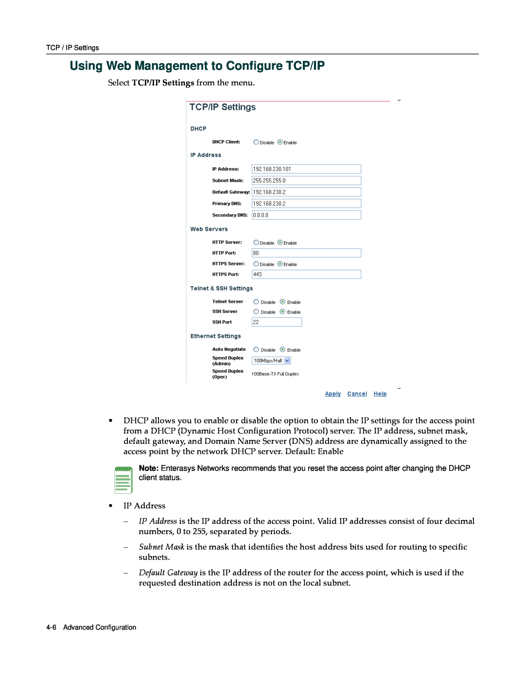 Enterasys Networks RBT-4102 manual Using Web Management to Configure TCP/IP 