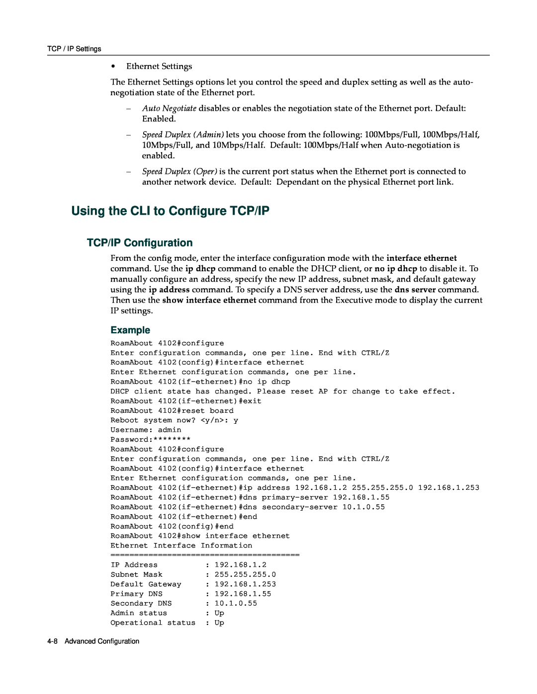 Enterasys Networks RBT-4102 manual Using the CLI to Configure TCP/IP, TCP/IP Configuration, Example 