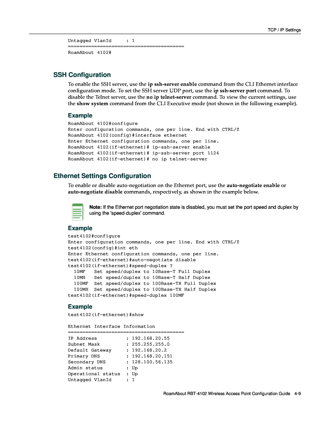 Enterasys Networks RBT-4102 manual SSH Configuration, Ethernet Settings Configuration, Example 