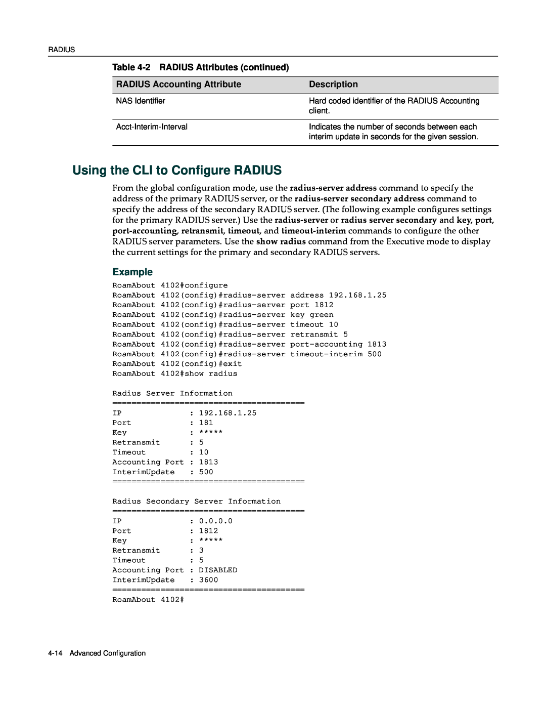 Enterasys Networks RBT-4102 manual Using the CLI to Configure RADIUS, 2 RADIUS Attributes continued, Example, Description 