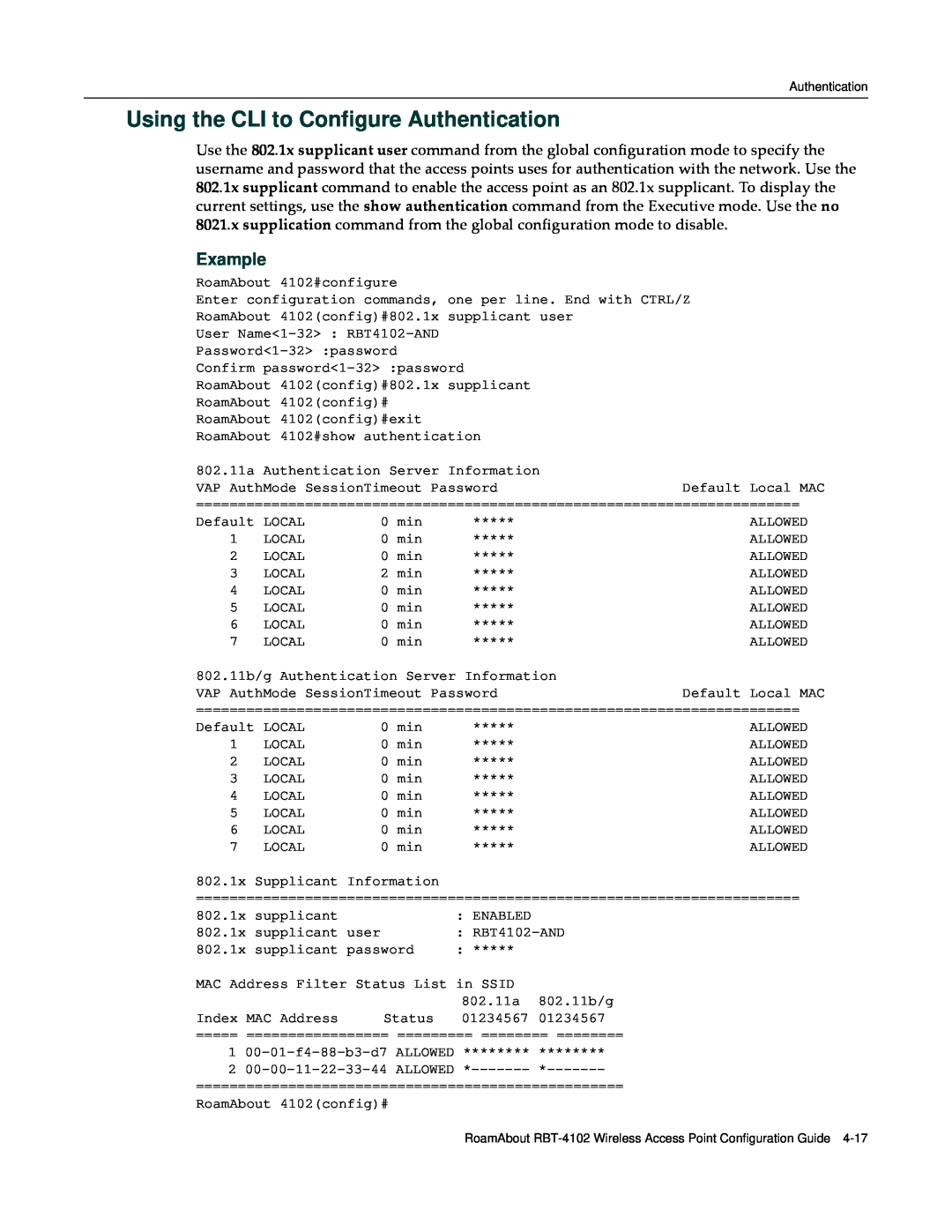 Enterasys Networks RBT-4102 manual Using the CLI to Configure Authentication, Example 