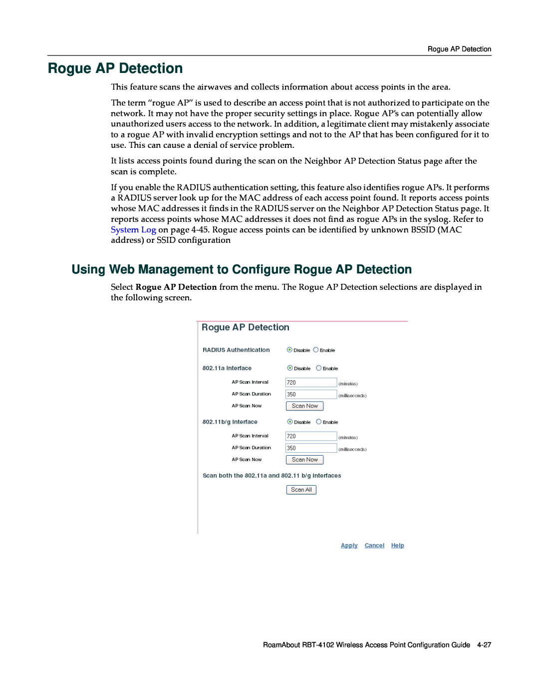 Enterasys Networks RBT-4102 manual Using Web Management to Configure Rogue AP Detection 