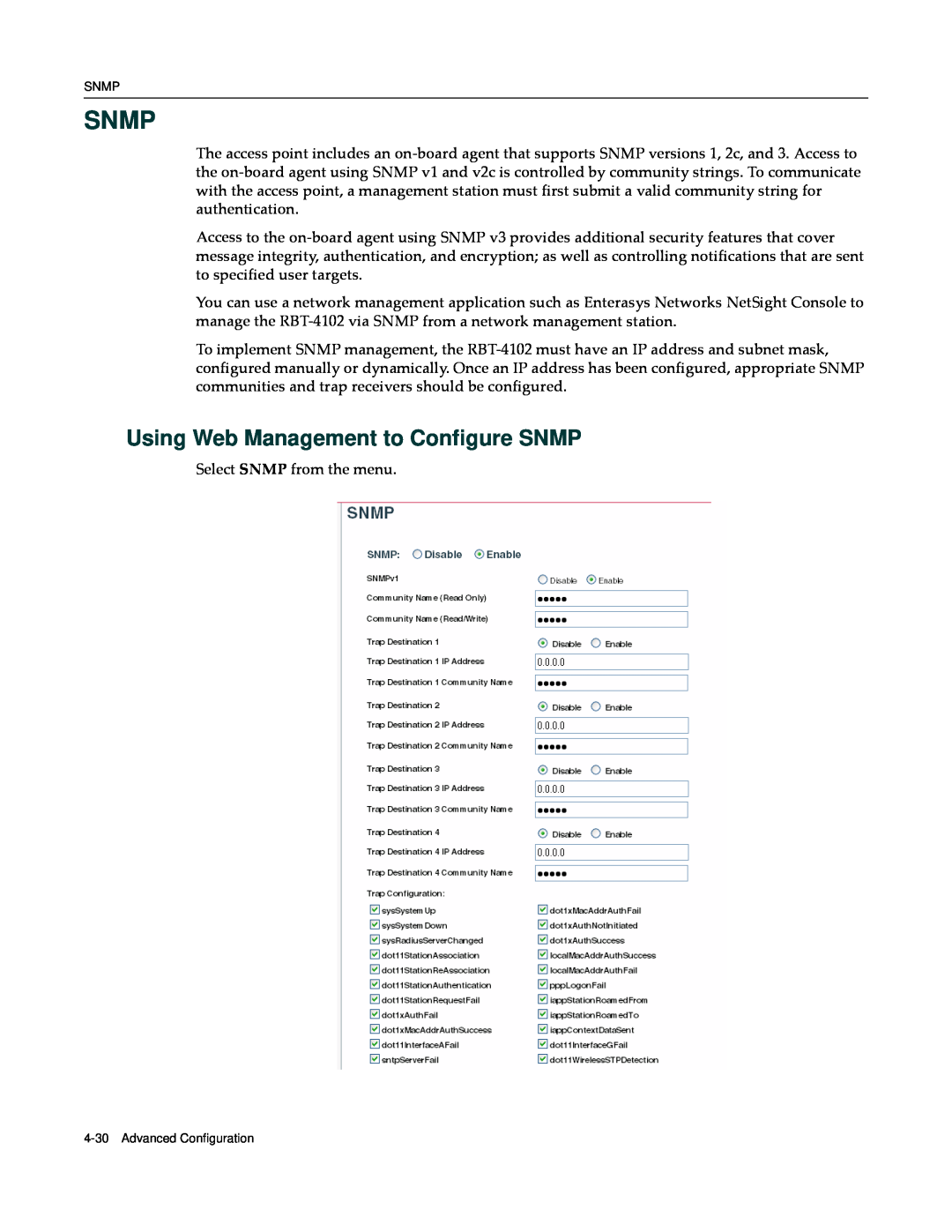 Enterasys Networks RBT-4102 manual Snmp, Using Web Management to Configure SNMP 