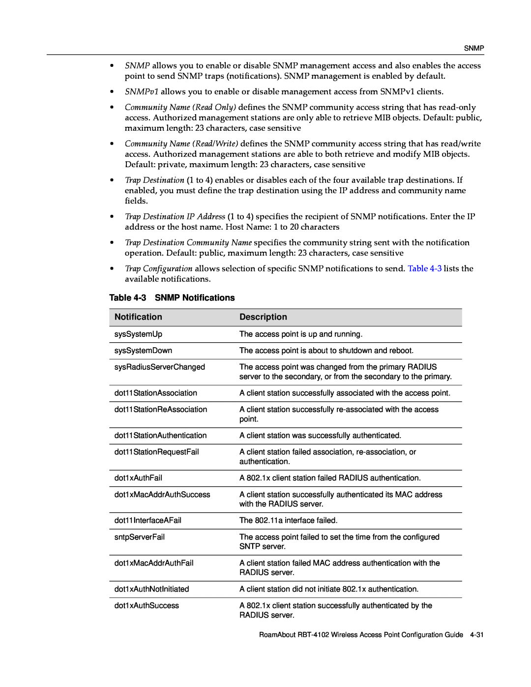 Enterasys Networks RBT-4102 manual 3 SNMP Notifications, Description 