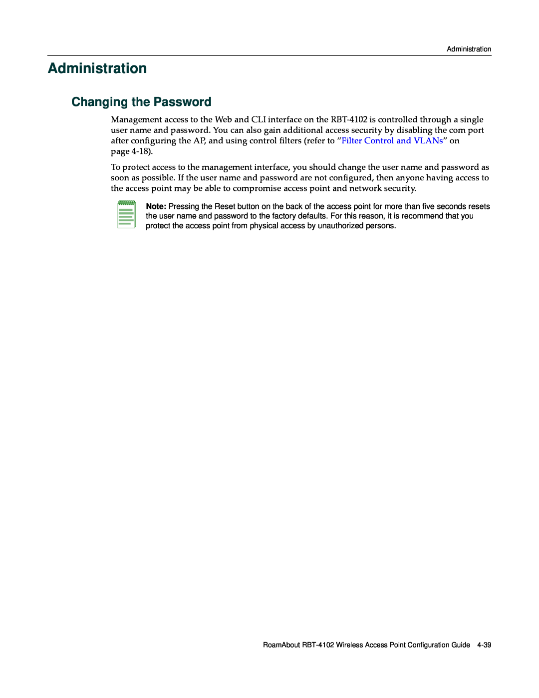 Enterasys Networks RBT-4102 manual Administration, Changing the Password 