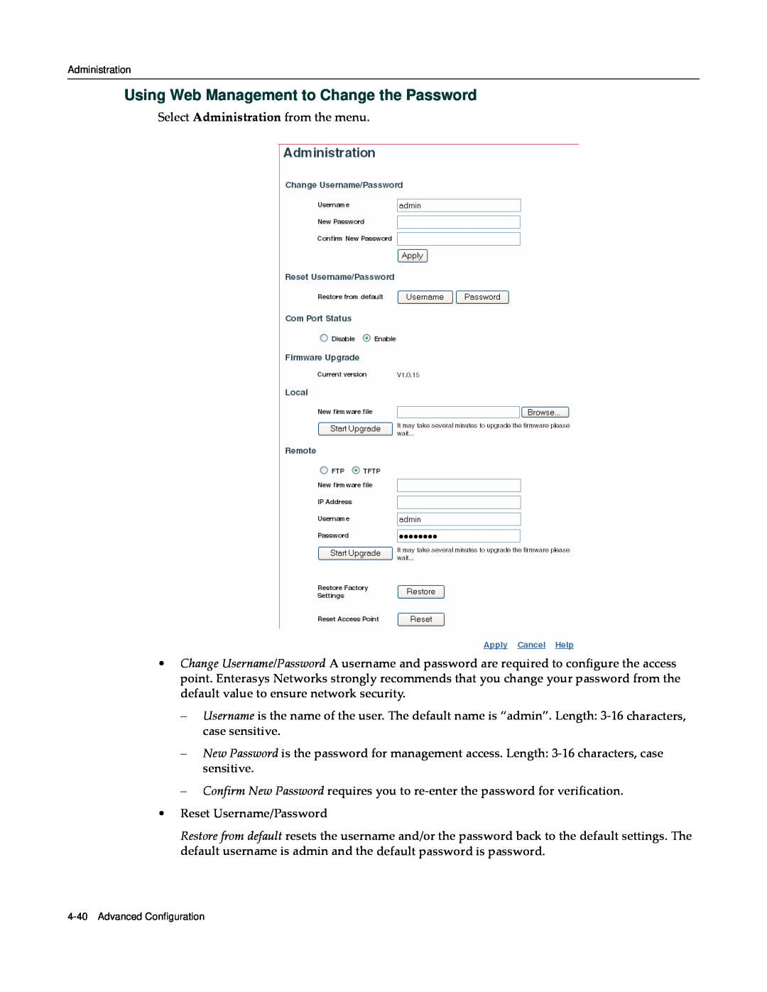 Enterasys Networks RBT-4102 manual Using Web Management to Change the Password 