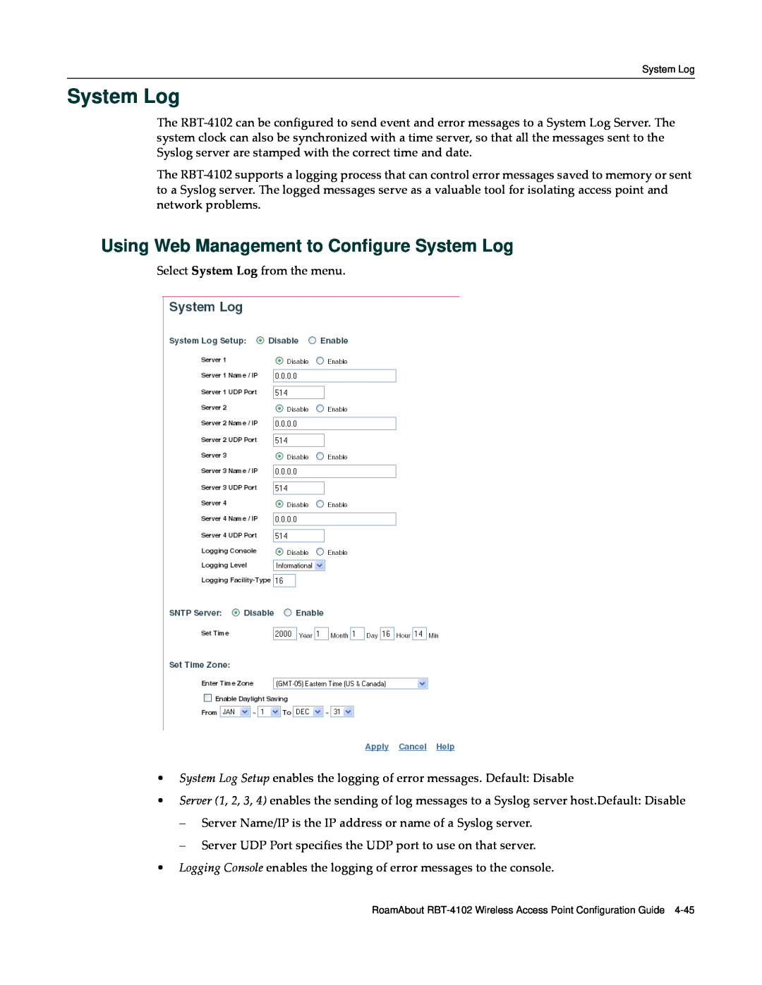Enterasys Networks RBT-4102 manual Using Web Management to Configure System Log 