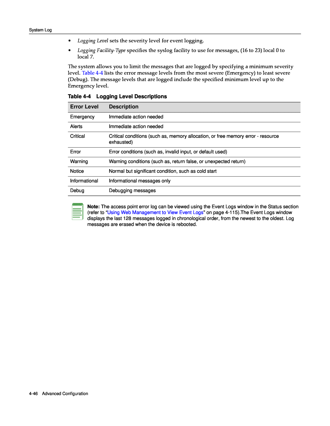 Enterasys Networks RBT-4102 manual 4 Logging Level Descriptions, Error Level 