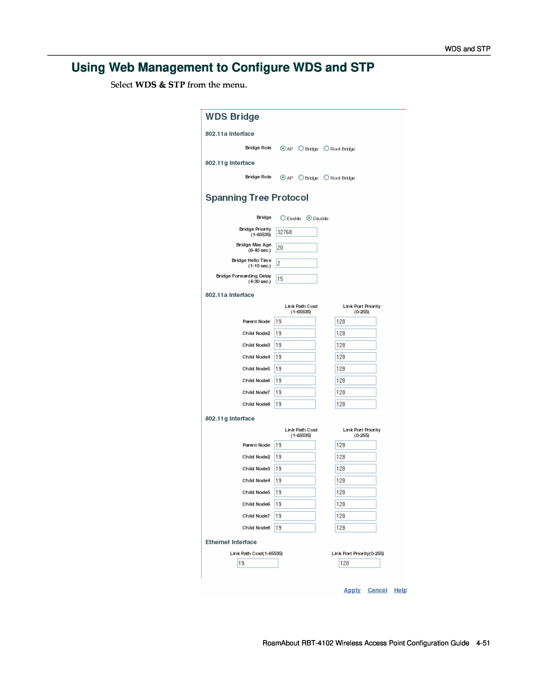 Enterasys Networks RBT-4102 manual Using Web Management to Configure WDS and STP, Select WDS & STP from the menu 
