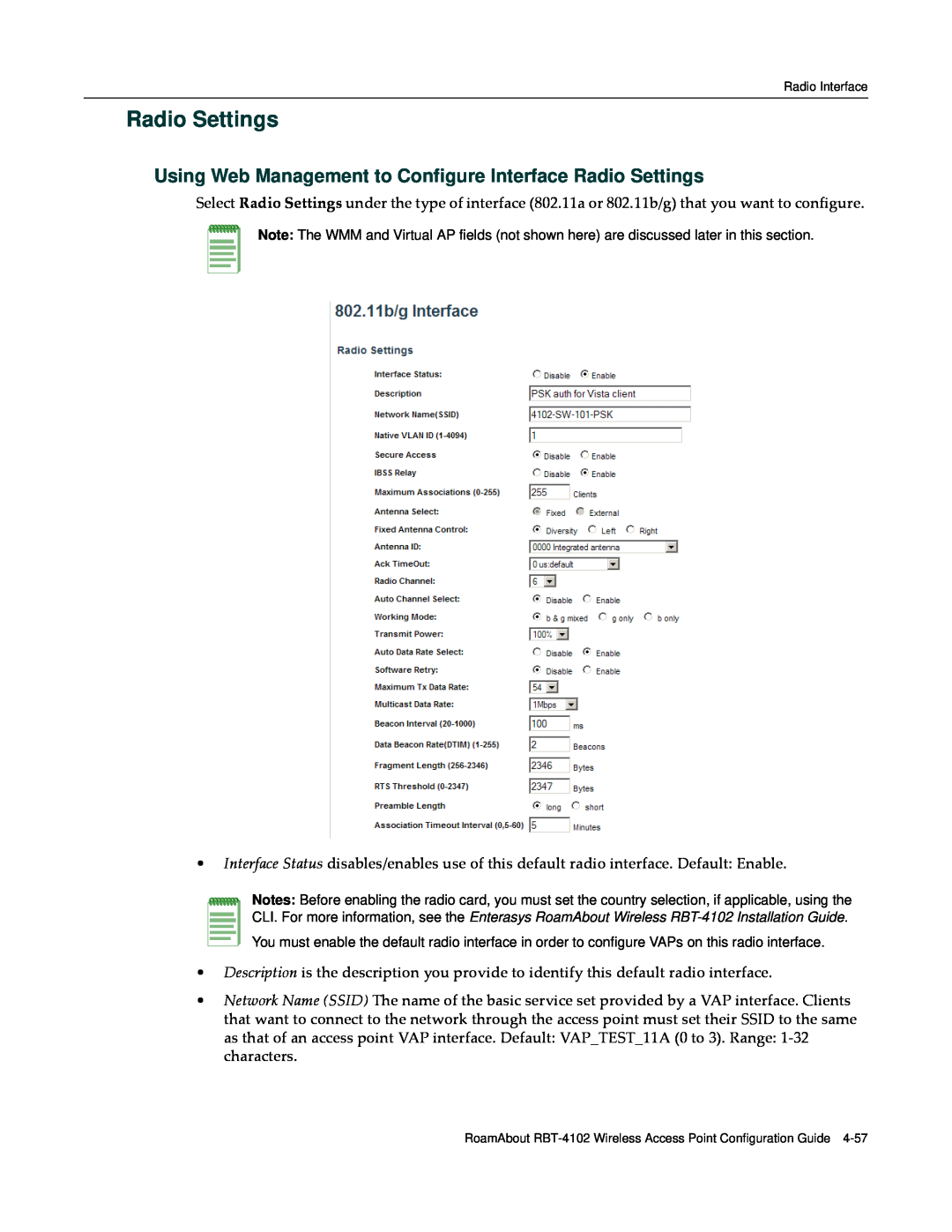 Enterasys Networks RBT-4102 manual Using Web Management to Configure Interface Radio Settings 