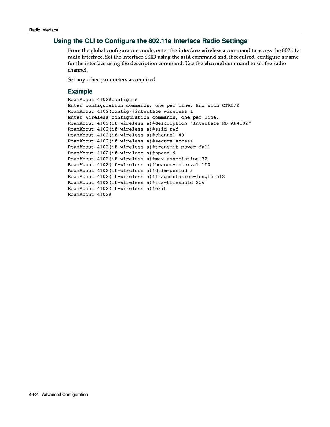 Enterasys Networks RBT-4102 manual Using the CLI to Configure the 802.11a Interface Radio Settings, Example 