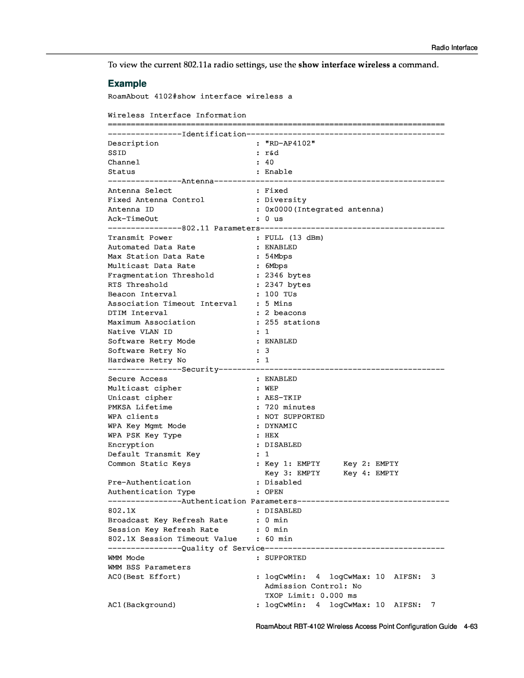 Enterasys Networks RBT-4102 manual Example, Authentication Parameters, Quality of Service 