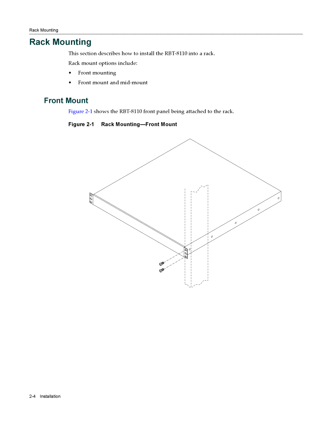 Enterasys Networks RBT-8110 manual Rack Mounting, ‐1 shows the RBT‐8110 front panel being attached to the rack 