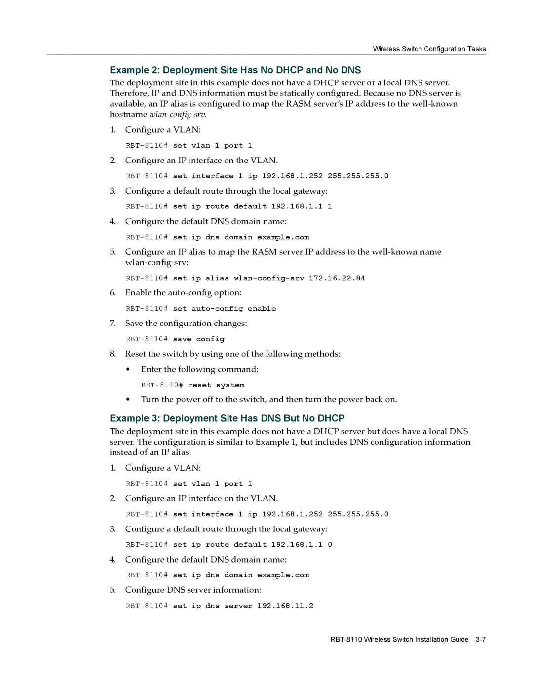 Enterasys Networks RBT-8110 manual Example 2 Deployment Site Has No Dhcp and No DNS 