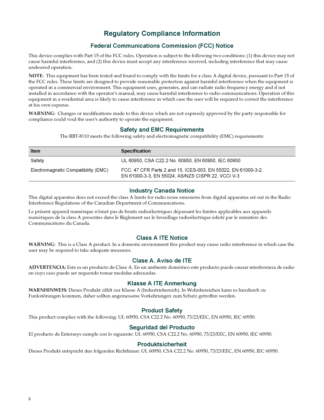 Enterasys Networks RBT-8110 manual Regulatory Compliance Information 