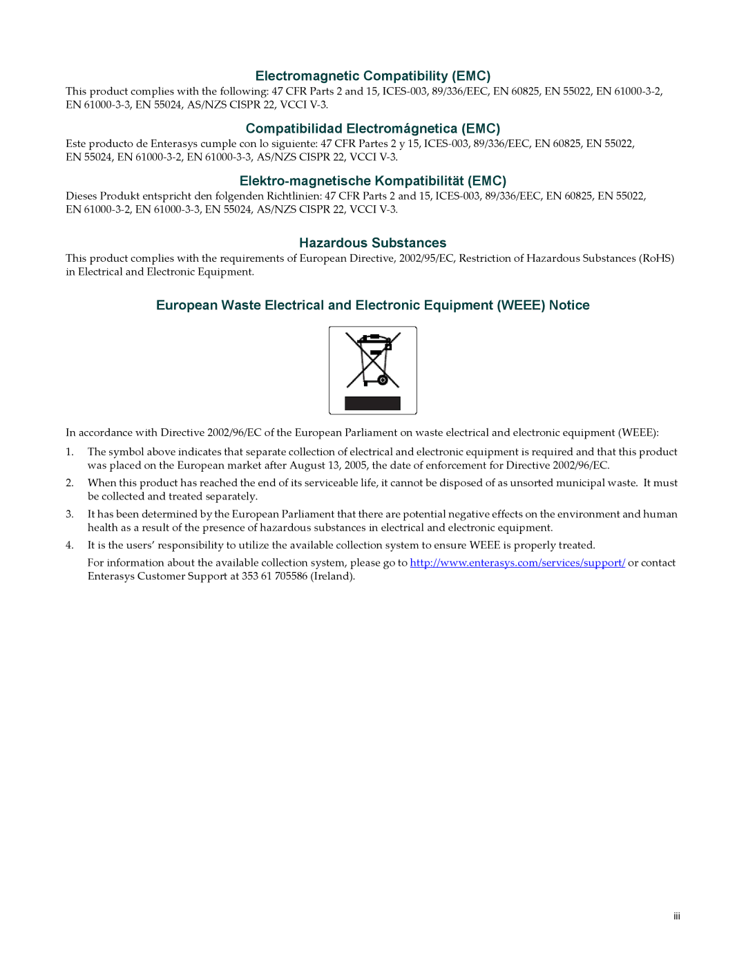 Enterasys Networks RBT-8110 manual Electromagnetic Compatibility EMC 