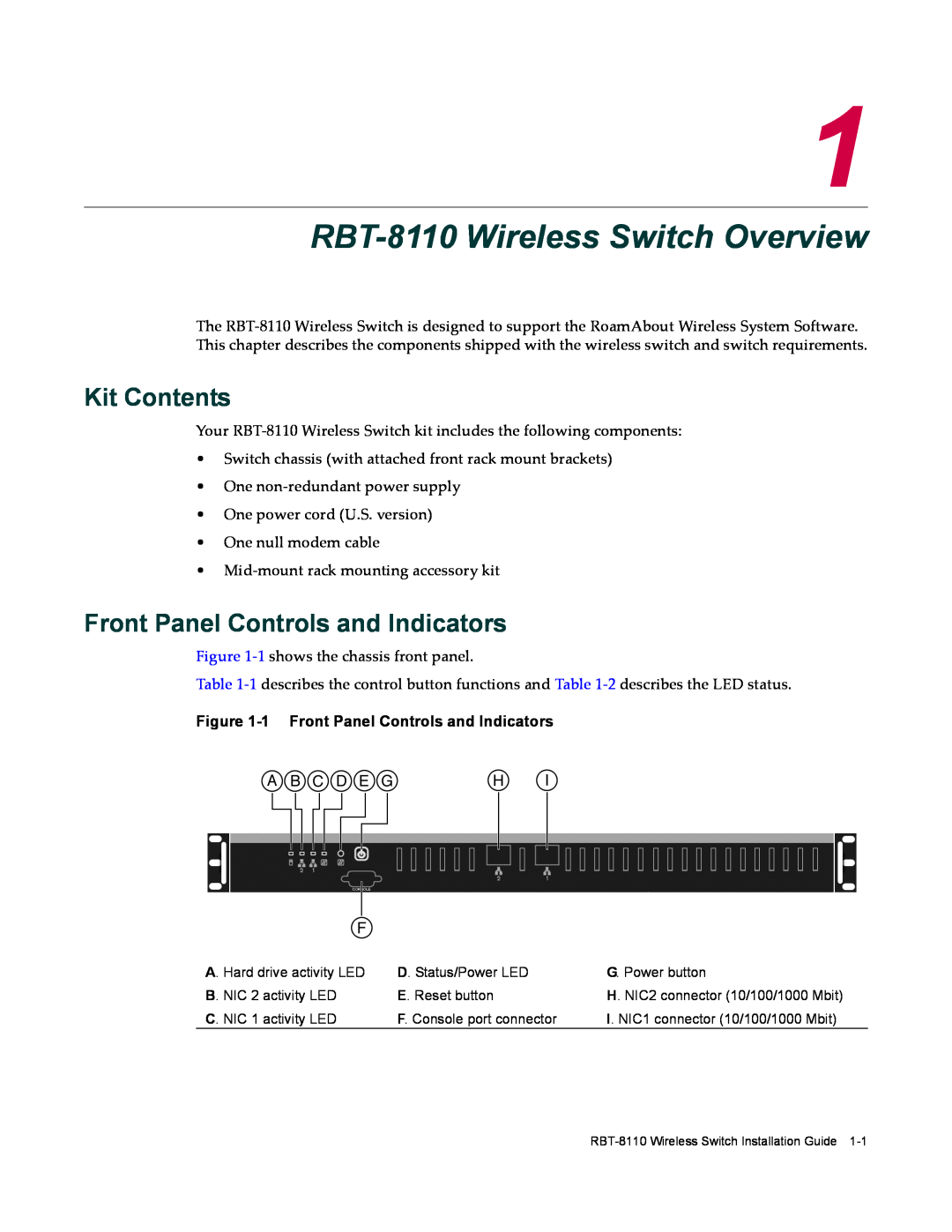 Enterasys Networks manual RBT-8110 Wireless Switch Overview, Kit Contents, Front Panel Controls and Indicators 