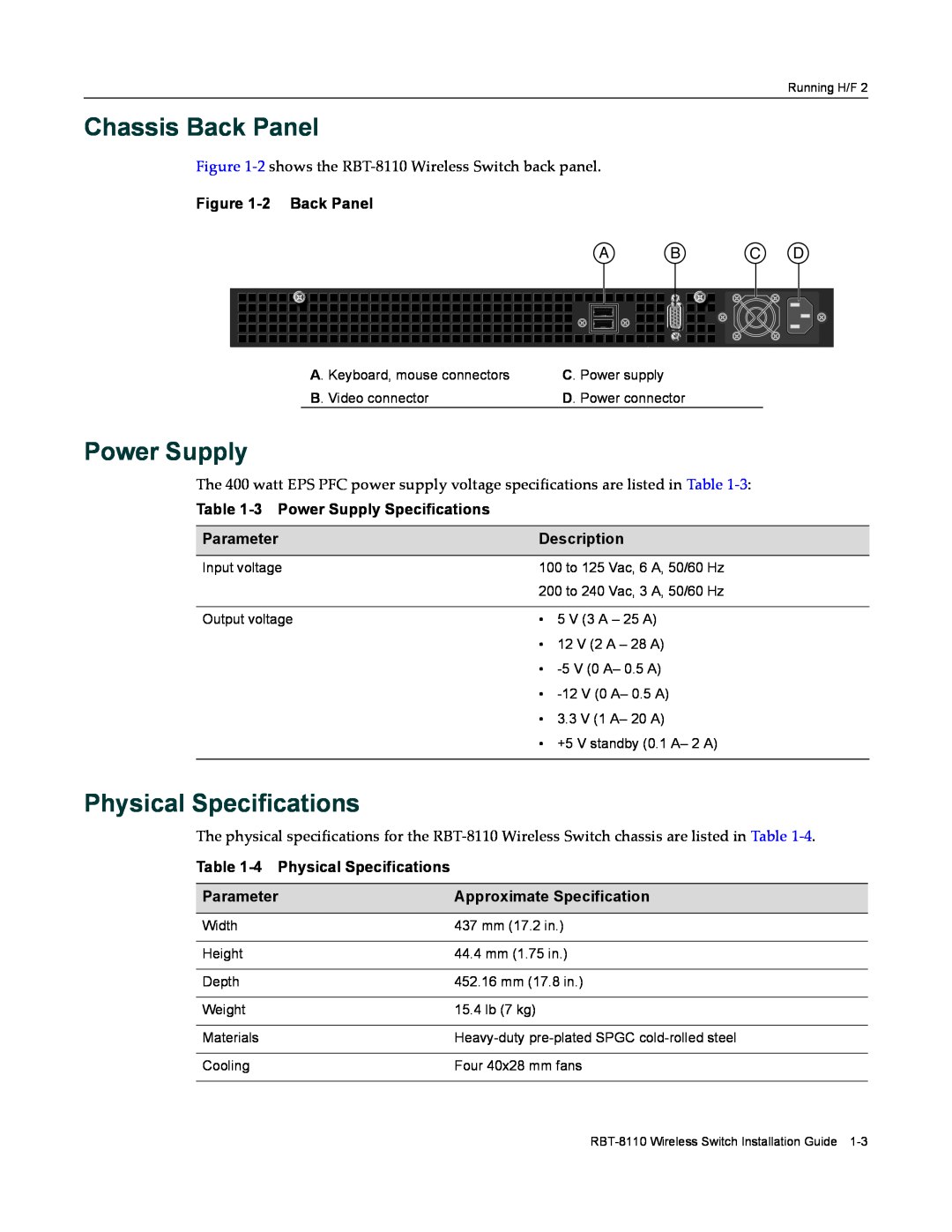 Enterasys Networks RBT-8110 manual Chassis Back Panel, Power Supply, Physical Specifications, 2 Back Panel, Parameter 