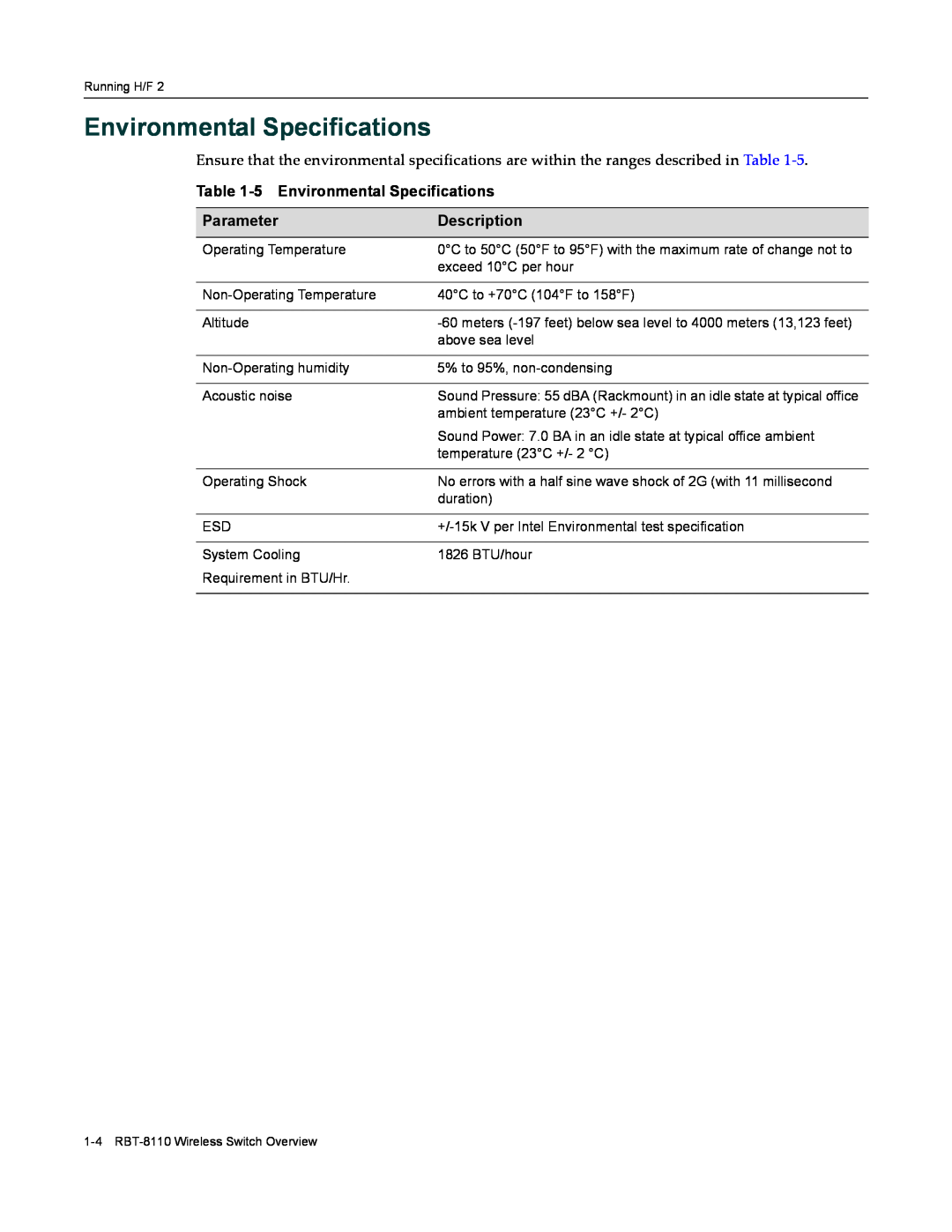 Enterasys Networks RBT-8110 manual 5 Environmental Specifications, Parameter, Description 