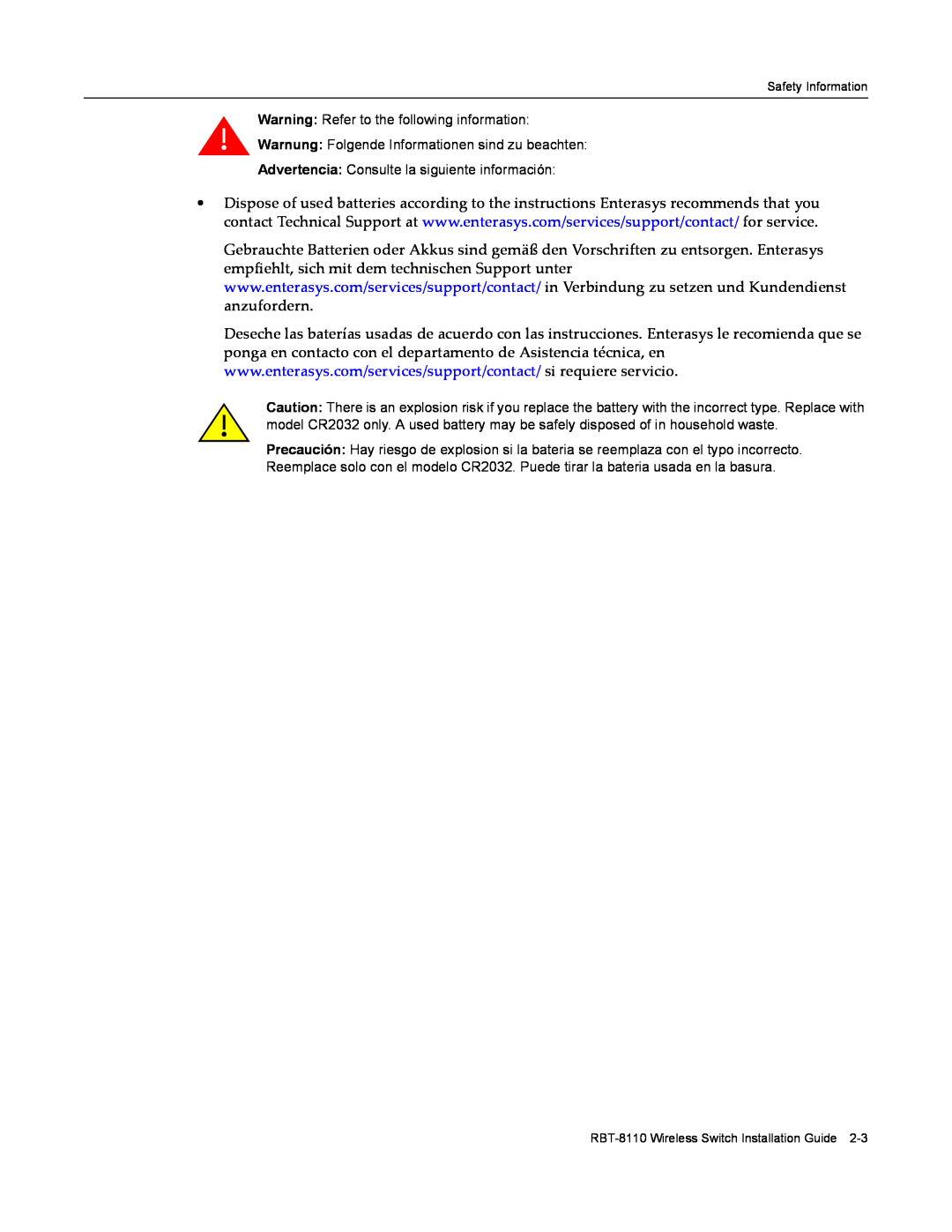Enterasys Networks RBT-8110 manual Warning Refer to the following information 