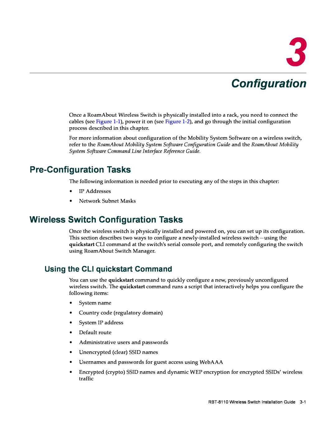 Enterasys Networks RBT-8110 manual Pre-Configuration Tasks, Wireless Switch Configuration Tasks 