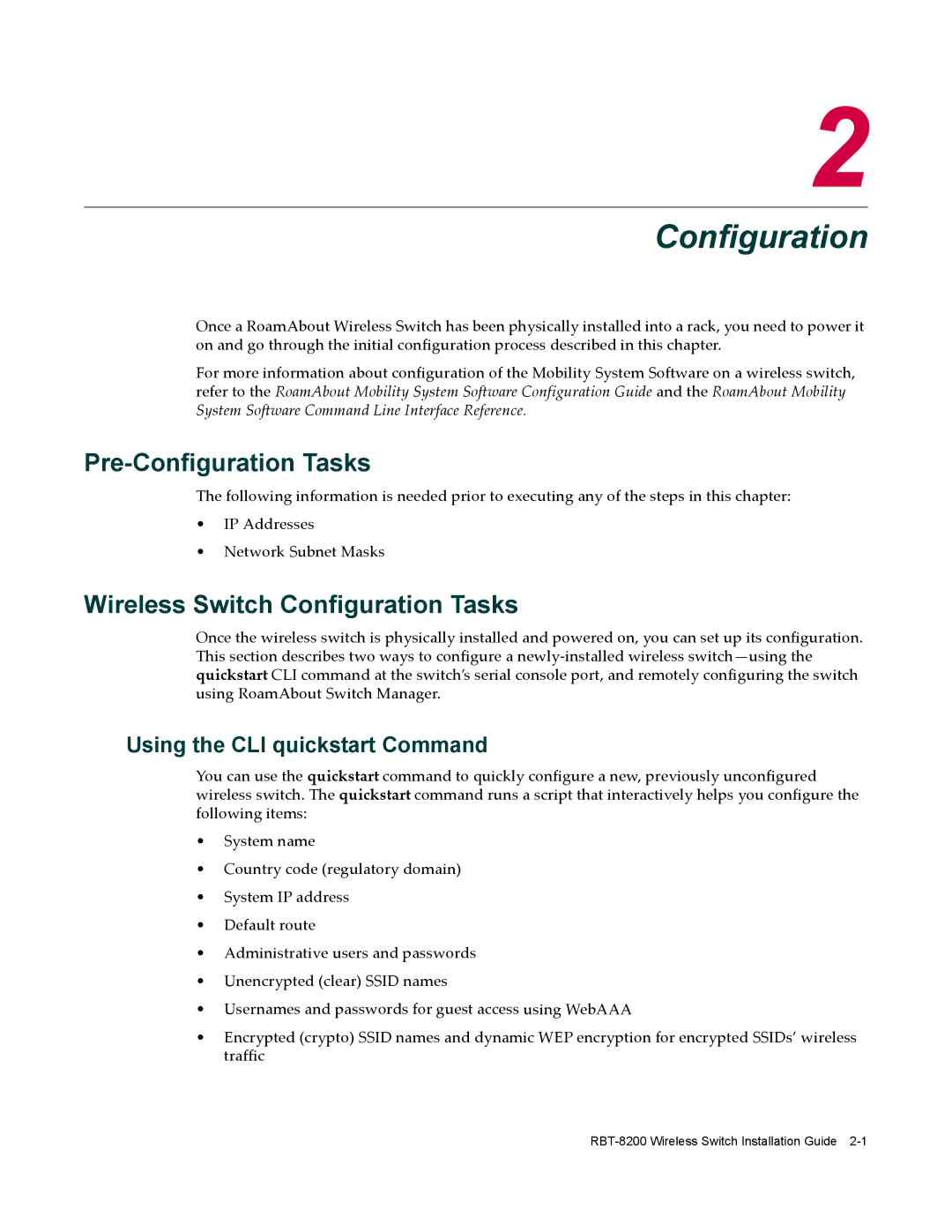 Enterasys Networks RBT-8200 manual Pre-Configuration Tasks, Wireless Switch Configuration Tasks 