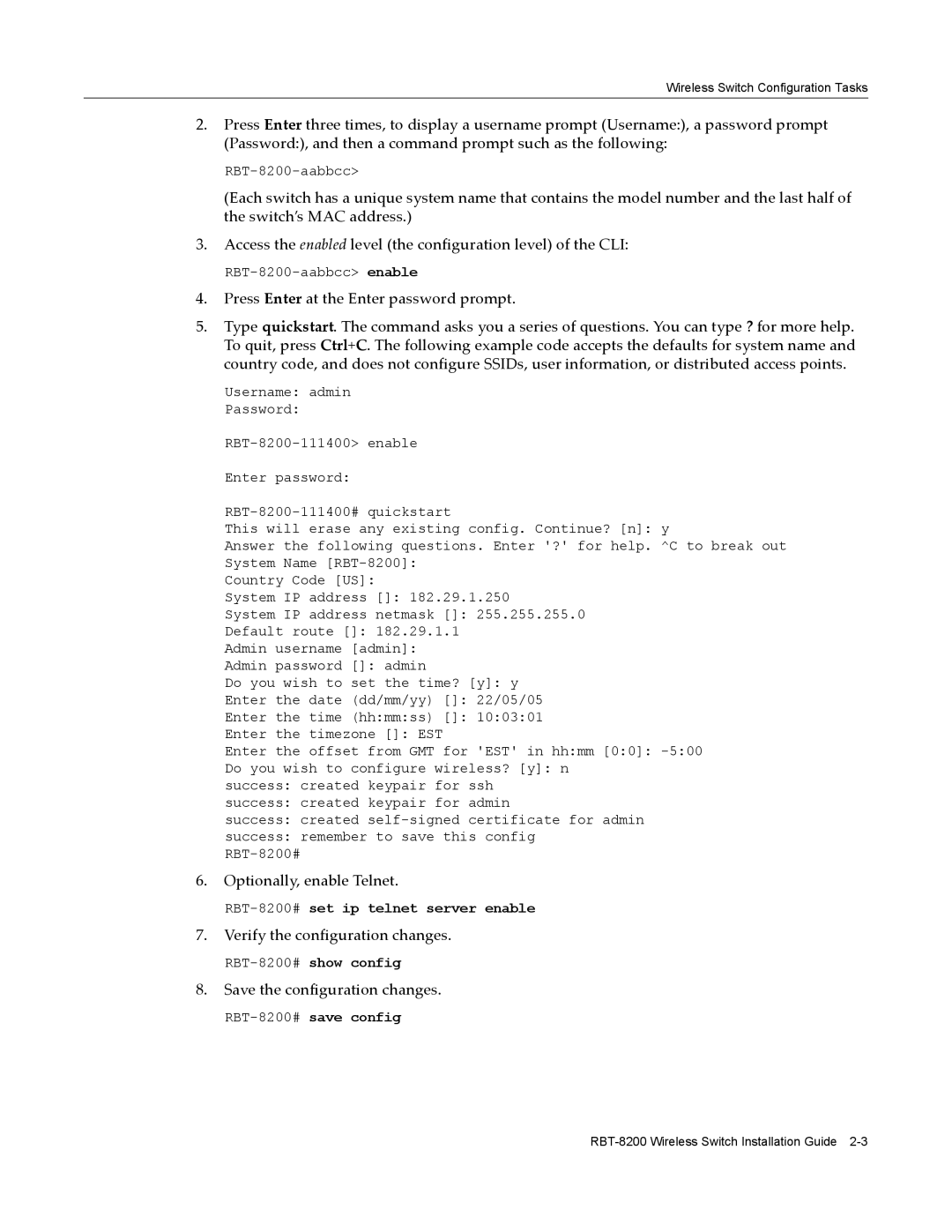 Enterasys Networks RBT-8200 manual Optionally, enable Telnet 