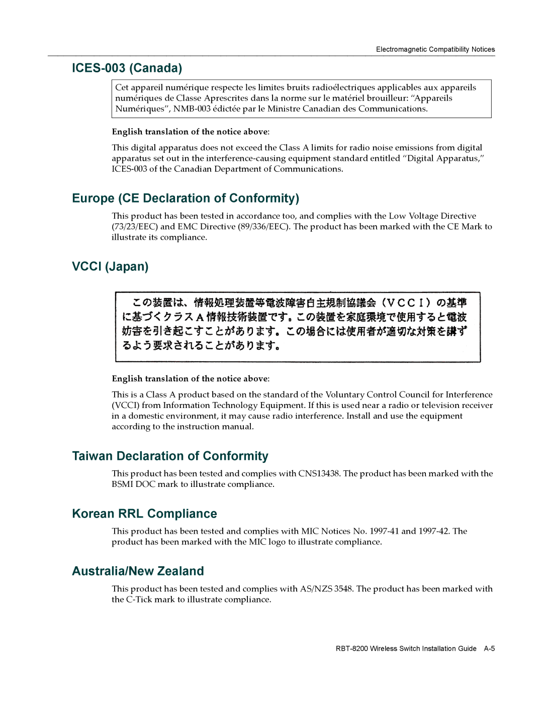 Enterasys Networks RBT-8200 manual ICES-003 Canada, Europe CE Declaration of Conformity, Vcci Japan, Korean RRL Compliance 