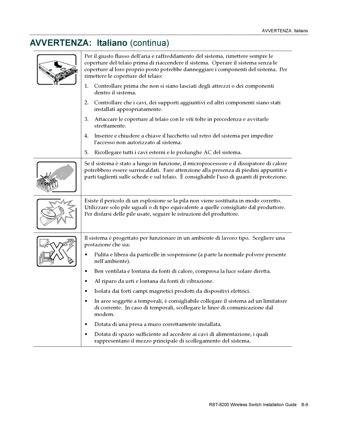 Enterasys Networks RBT-8200 manual Avvertenza Italiano continua 