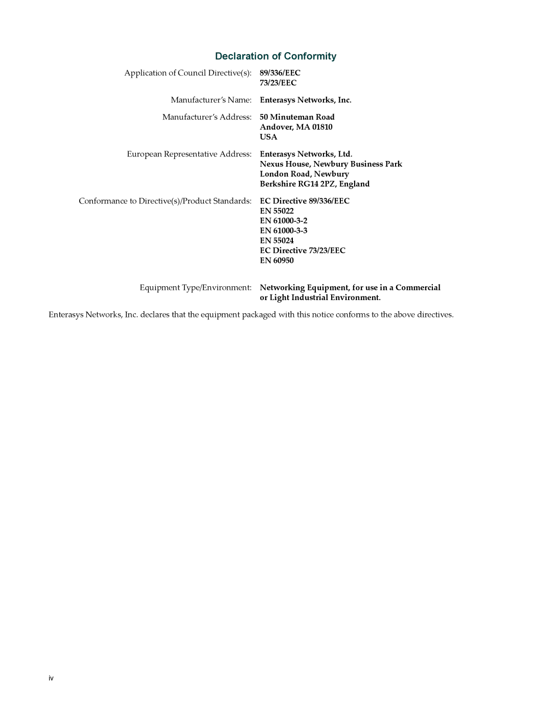 Enterasys Networks RBT-8200 manual Declaration of Conformity 