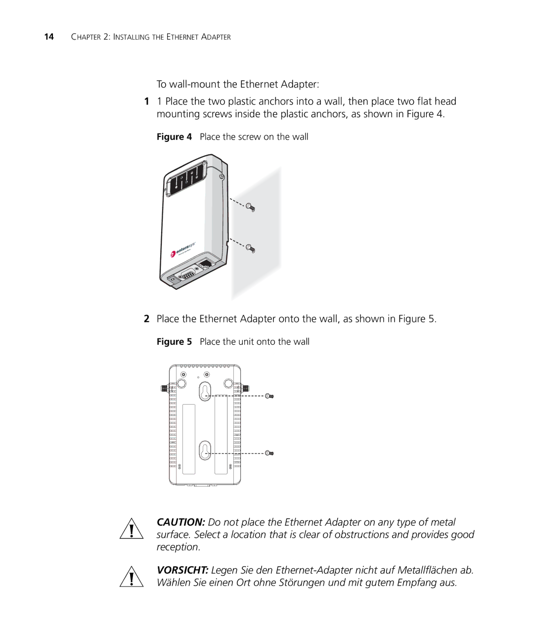 Enterasys Networks RBTSA-AA, RBTSA-AB manual To wall-mount the Ethernet Adapter 